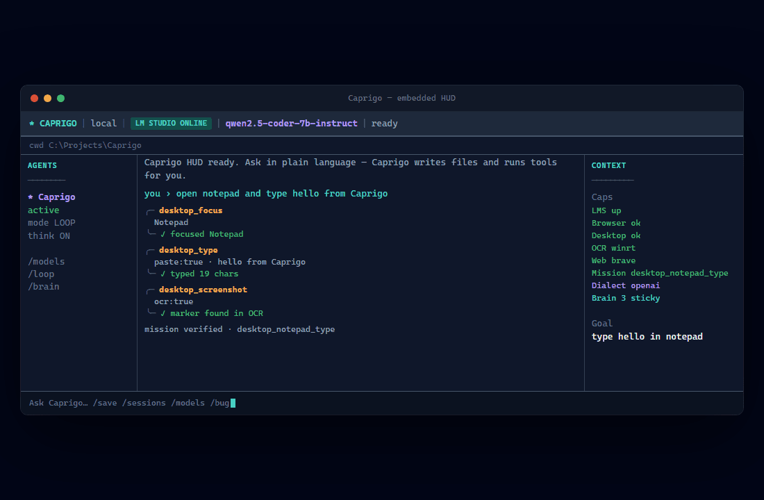 Caprigo CLI HUD with LM Studio, tool cards, and context caps